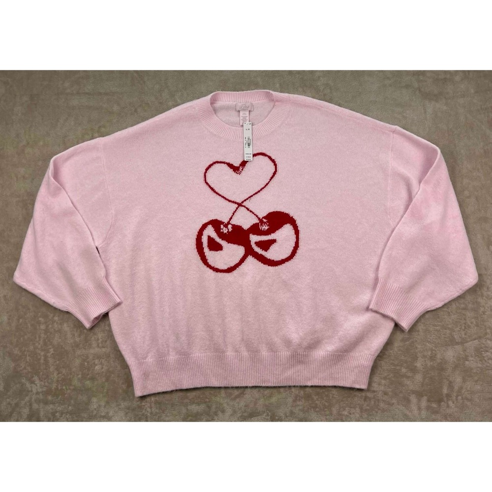 Victorias Secret PINK Cherry Heart Crewneck Sweater Light Pink Red Large NWT